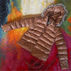 Moncler camel brown puffer jacket with fur lined hood